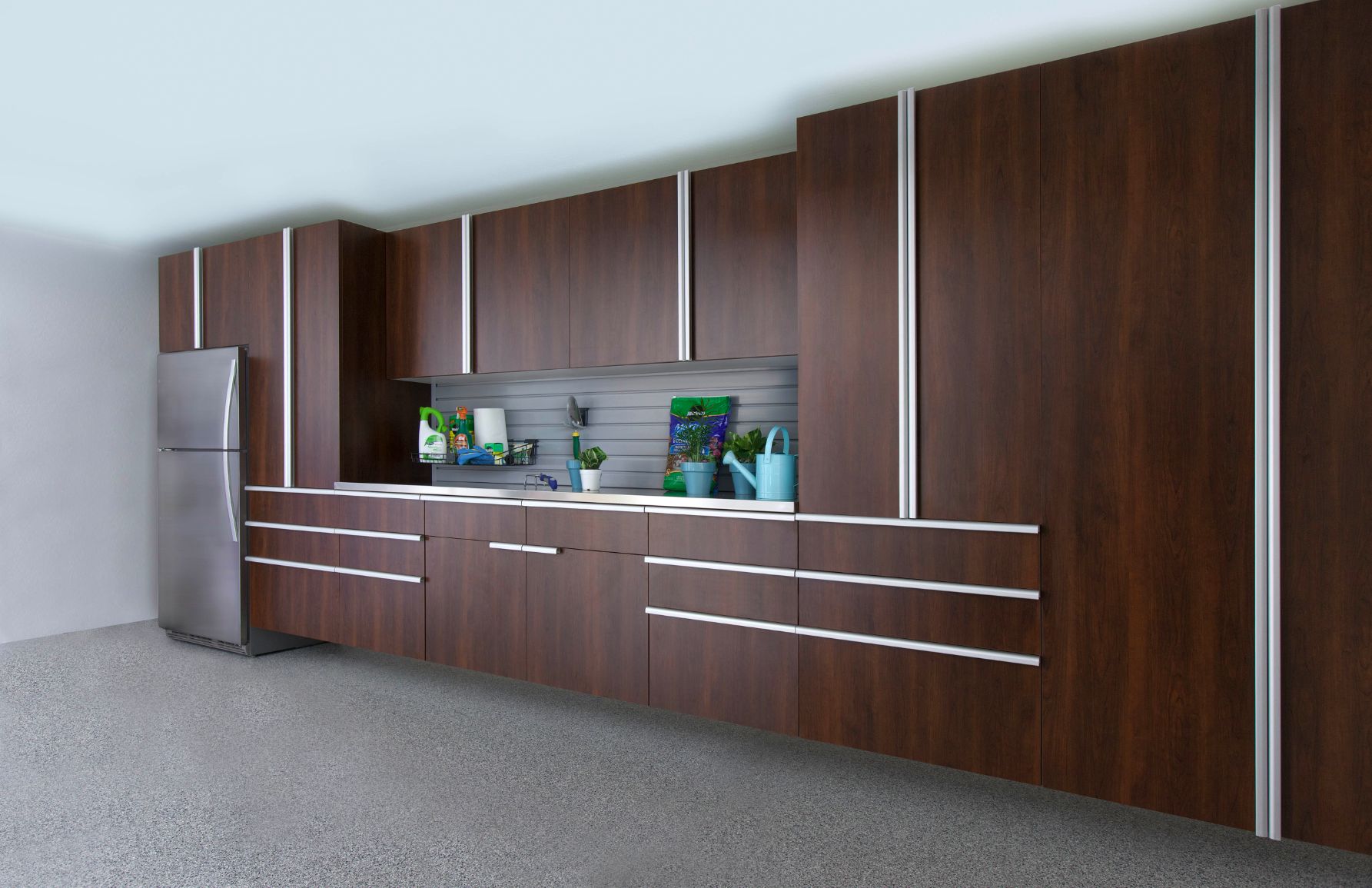 Garage Cabinets Organizers Direct Dark Wood Garage Cabinets With Extruded Handles And Embedded Fridge