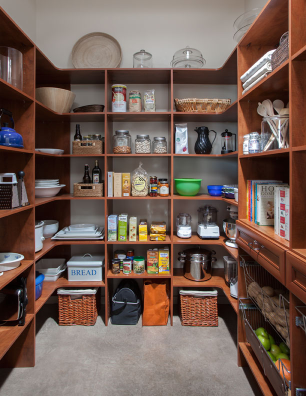 Pantries Organizers Direct Custom Walk In Pantry Shelving And Drawers Warm Cognac