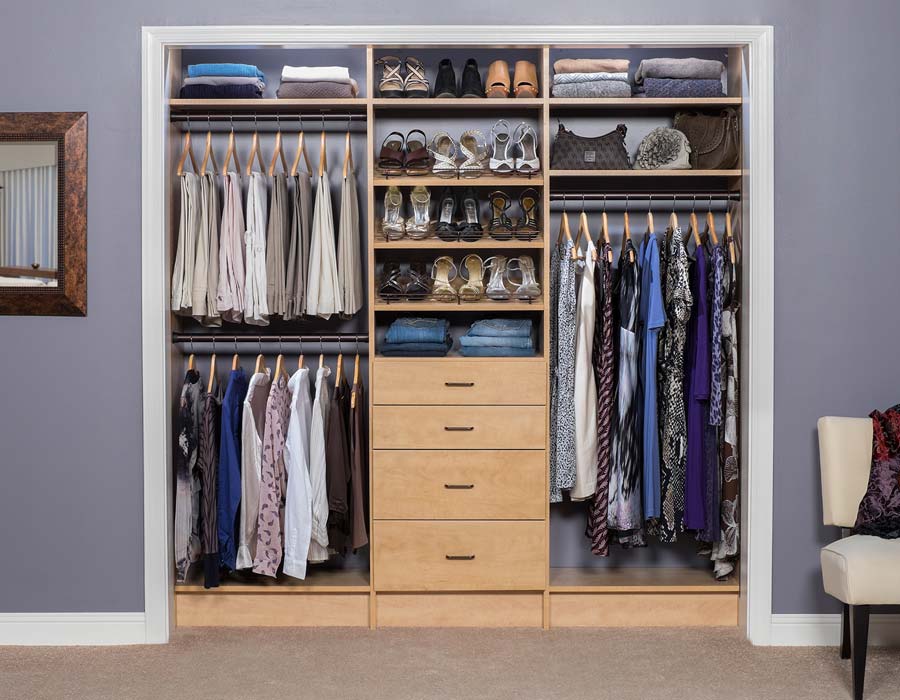 Modern Light Wood Closet with Women’s Clothes and Shoes