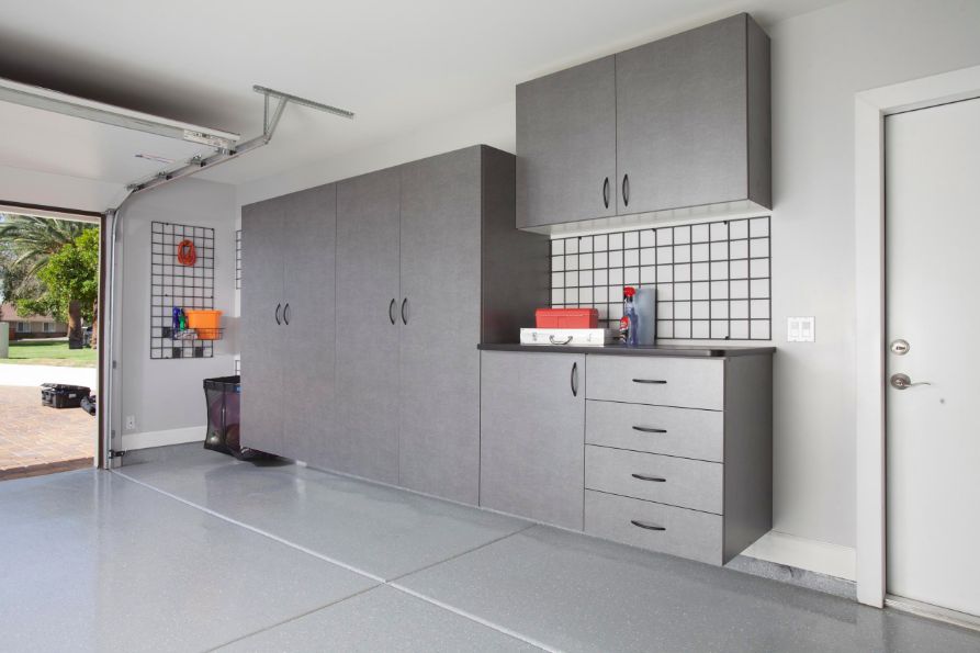 Garage Cabinets Organizers Direct Side Angle View Of Pewter Garage Cabinet System With Gray Floors
